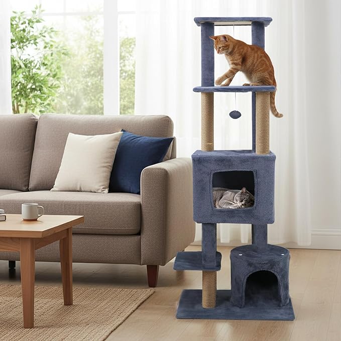 Tangkula 64 Inch Tall Cat Tree, Multi-Level Cat Tower with 2 Large Condos, Jute Scratching Posts, Plush Top Perch, Dangling Toys, Cat Climbing Furniture for Indoor Adult Cats & Kittens (Dark Gray)