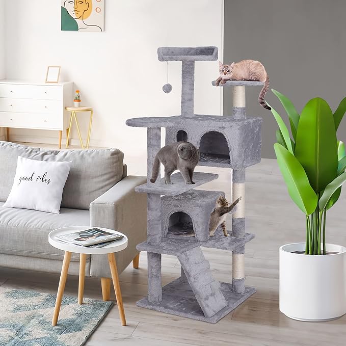 53 Inches Multi-Level Cat Tree Condo Furniture Kitten Activity Play House Bed Pet Kitty Climbing Tower with Scratching Posts/Plush Perch/Scratcher Ladder/Tunnel for Cats,Kittens,Pets (Light Grey)