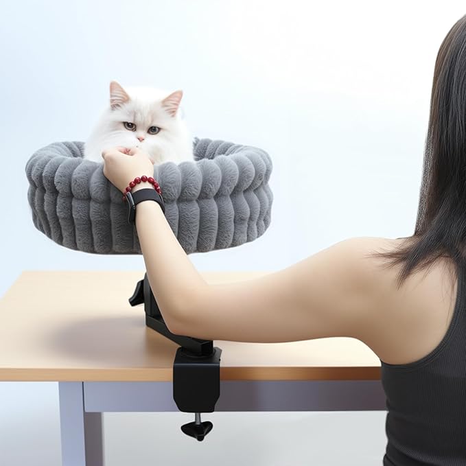 Cat Desk Bed, 360° Rotating and Adjustable Pet Bed, with Soft Mat, Stylish Indoor Cat Nest for Workstations and Game Tables, Grey
