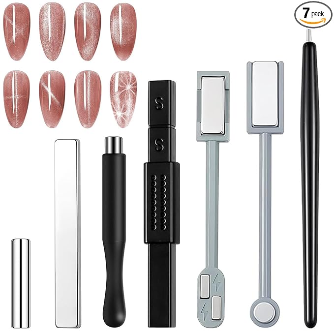 BORN PRETTY Nail Magnet Set,7Pcs Cat Magnetic Eye Gel Nail Polish Magnet Tools Powerful Set Wand Magnet Nails Polish Square Round Magnet Stick Double Ended Nail Salon Art Design Tools