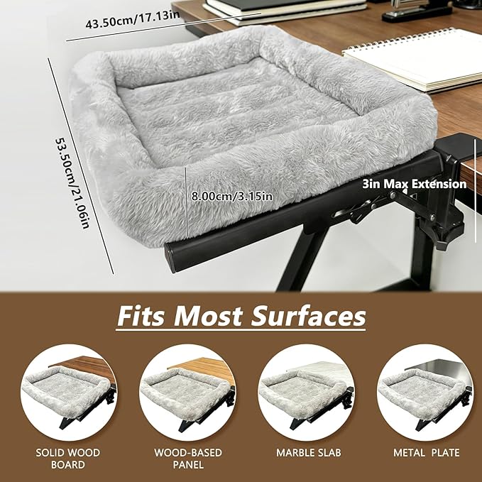 Cat Desk Bed for Home Office Worker Faux Rabbit Cushion Desk-Mounted Hammock Perch Foldable Desktop Space-Saving Clamp Mount Supports Indoor Cats Durable Removable Cover - Gray 21x17in