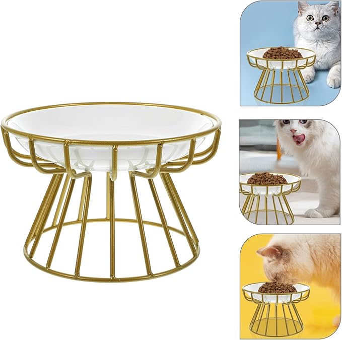 Garneck Elevated Cat Food Bowl with Ceramic Whisker-Friendly Dish and Gold Metal Stand, Anti-Vomiting Raised Pet Feeder for Cats, Compact Feeding and Watering Bowl for Indoor Use