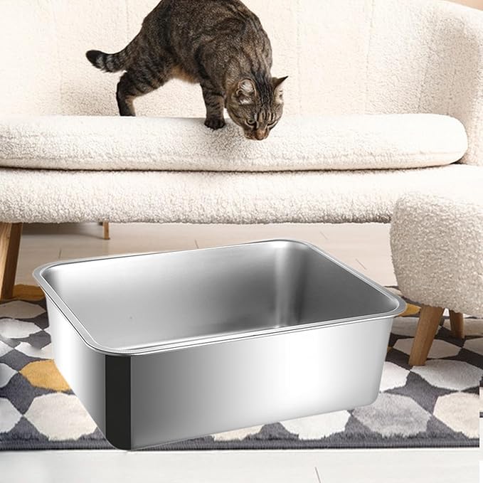 Stainless Steel Cat Litter Box Large Anti Splashing Non Stick Litter Tray Sand Container for Indoor Cats Kitten Toilet- Height 15cm