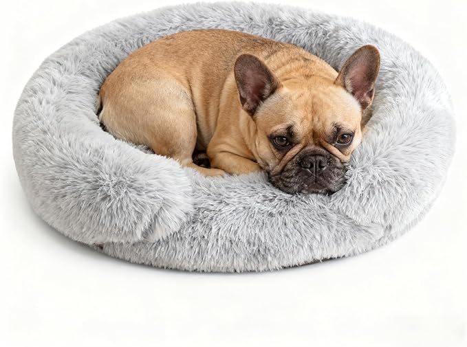 Calming Dog & Cat Beds with Orthopedic Egg-Crate Foam Raised Rim, Soft Fluffy Faux Fur Pet Bed for Small Medium Dogs, Anxiety Relief Spine Support, Machine Washable (Round, Pale Grey 20")