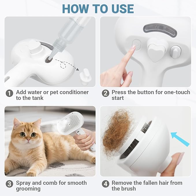 Pjordo Pet Steam Brush for Dogs & Cats with Pet Conditioner, 4 in 1 Spray Hair Removal Comb for Shedding & Grooming, Self Cleaning Water Brush for Long & Short Haired Pets