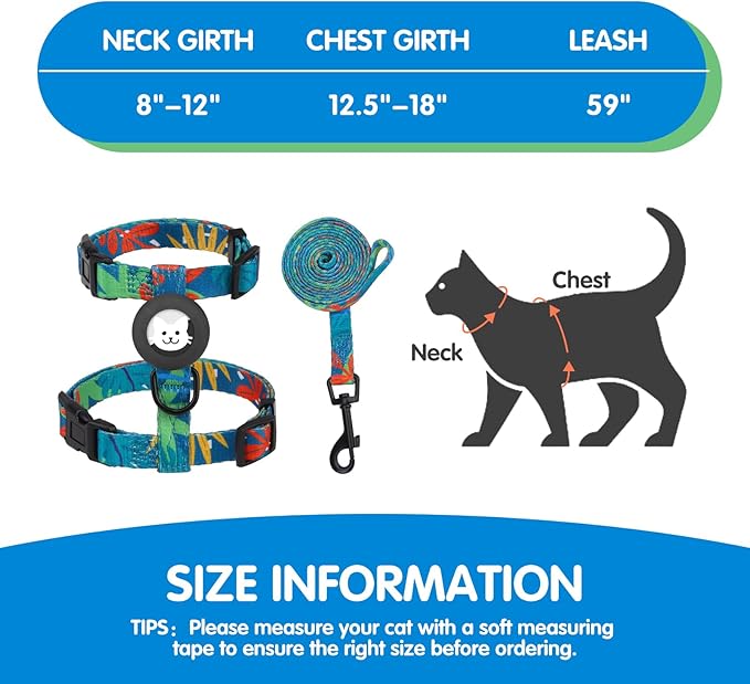 BINGPET Cat Harness with Airtag Holder, Cat Harness and Leash Set Escape Proof for Walking Travel Outdoor, Soft Adjustable Kitten Harnesses for Small Medium Large Cats, Green Leaves(Chest:12.5"-18")