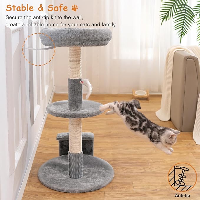 Goozii Large Cat Tree Tower with Scratching Post, Modern Kitten Tower for Indoor Cats, Sturdy Tall Carpet Sisal Cat Scratcher Stand with Big Bed Perch,Scratch Ramp,Ball Toy for Kitty Play -Grey