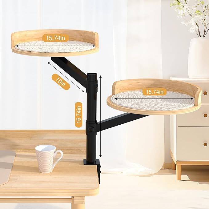 Cat Desk Bed for Indoor, 15.75" Double Cat Beds for Desk with Mats, 360° Rotating & Height Adjustable, Each Supports up to 22kg/48.5 lb, Modern Furniture for Office Desks and Gaming Tables