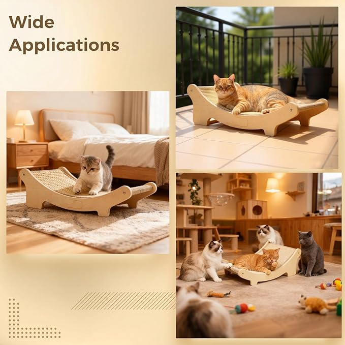 Wooden Cat Scratching Board Bed, Curved Sisal Cat Scratcher, Dual-Use Lounge Chair for Large Cats, 19.7 x 13 x 6.7 in, Stable Solid Wood Furniture Protector