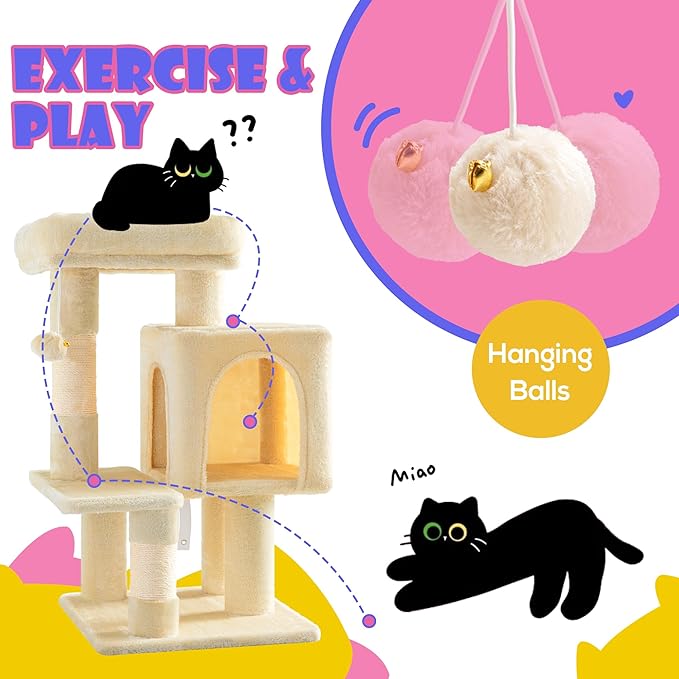 SHA CERLIN 29in Cat Tree for Indoor Cats, Multi-Level Cat Tower with Large Perch, Cozy Condo, Playful Toy Balls, Sisal Scratching Posts, Stable Pet Furniture Activity Center, Space-Saving, Beige