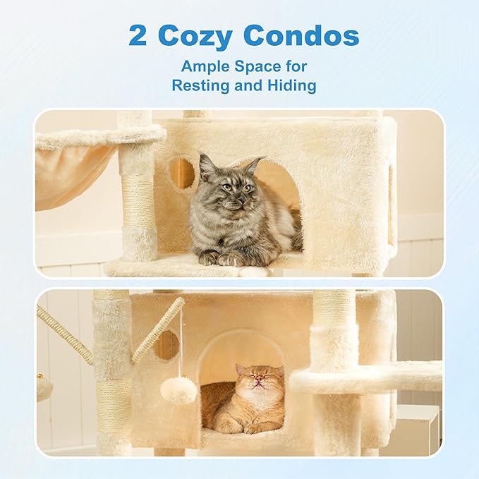 Hey-brother Cat Tree Tower, Sturdy Multi-Level Scratching Posts with Extra Supporting Part, 5 Teaser Toys, 2 Condos, Large Bed, Hammock, Scratch Baord for Indoor Cats, 82.7 Inches, Beige MPJ082M