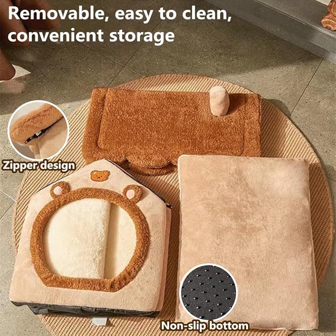 Cat Bed for Indoor Cats, Cozy Cave Bed Cat House Cats Tent with Removable Cushion Pillow, Soft Warm Pet House, Cute Bear Pet Nest for Kitten Small Dogs (Brown, M-18.1x14.57x15.75 Inches)