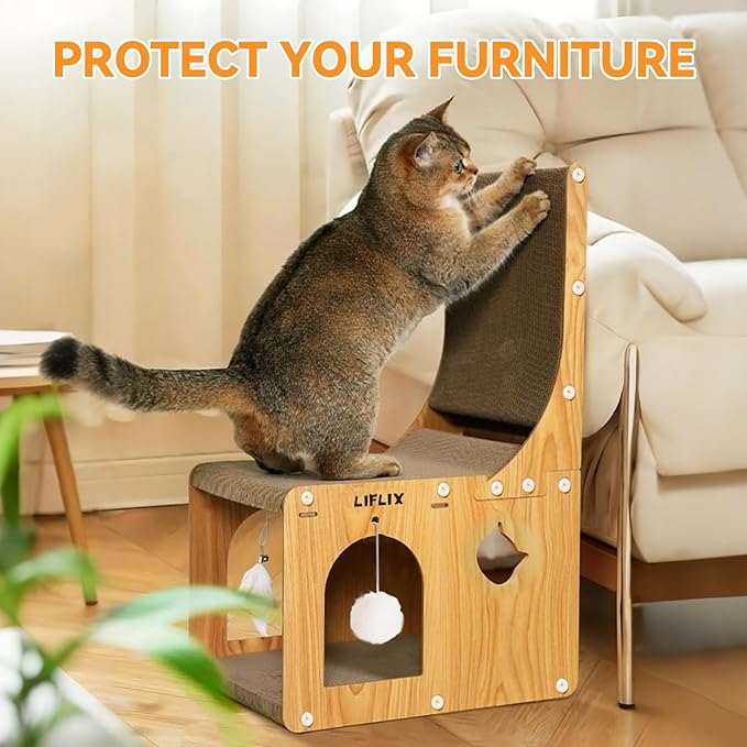 LIFLIX L-Shaped Double-Layer cat Scratching Board, Cardboard cat Scratching Post with Toys, Cat Scratcher & Hideaway for Indoor Cats to Scratch, Rest and Play