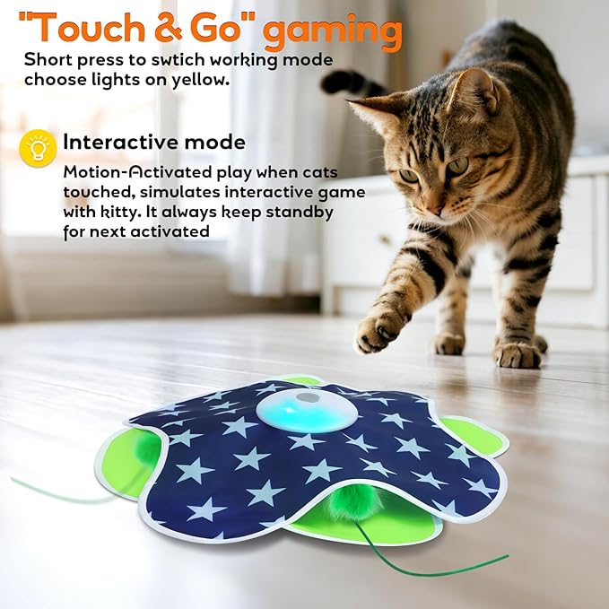 Oxawo Interactive Cat Toys with Moving Feather Concealed in Mat, Rechargeable Cat Exercise Toys for Bored Cats with Motion Activated, Mouse Squeaky