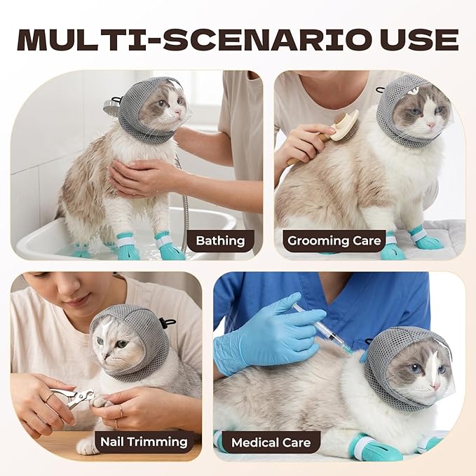 Adjustable cat Muzzle for Grooming and bite Prevention; Breathable TPU pet Muzzle; Comes with 4 Pairs of Silicone Anti-Scratch Gloves; Ideal for Nail Trimming, Bathing, and Veterinary use
