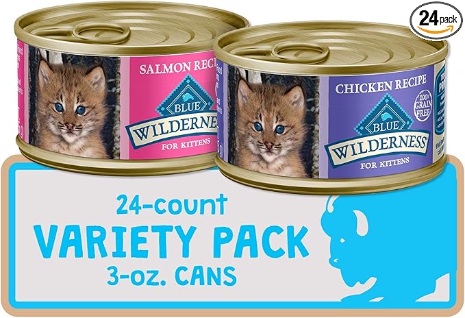 Blue Buffalo Wilderness High Protein Grain Free, Natural Kitten Pate Wet Cat Food Variety Pack, Chicken, Salmon, 3-oz Can, 24 Count