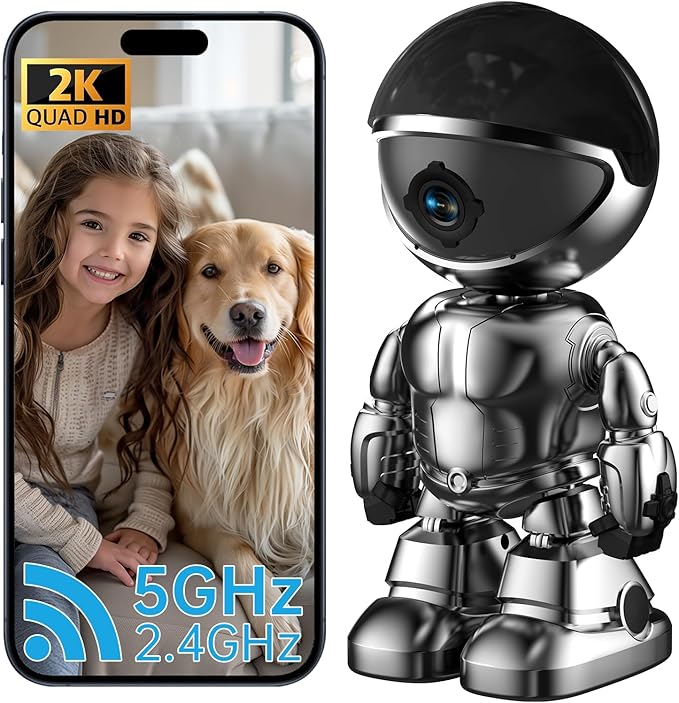 Chpuss Indoor Camera Robot, 2k 5g/2.4ghz WiFi Pet Robot Cam with Phone App EseeCloud, 360 PTZ Nanny Cam Dog Cam with Audio/Video, Spy Camera 2-Way Audio Motion Tracking 7/24 Night Vision