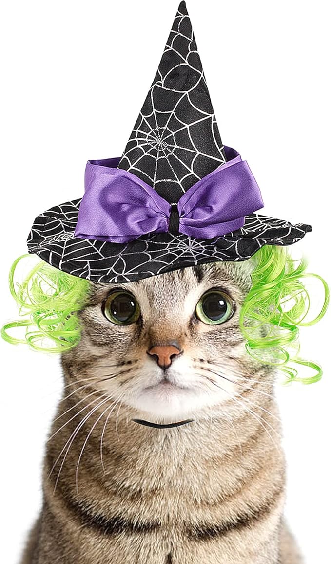 LESYPET Cat Halloween Costume Hat Dog Hat, Wizard Hat with Green Wig for Dog Cat Cosplay for Halloween, Christmas, Party