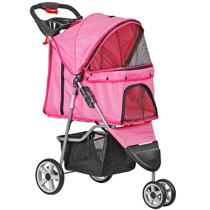 JungleA Foldable Pet Stroller for Cats Dogs,3 Wheel Jogger Stroller for Small to Medium Pets,Lightweight & Portable & Durable with Weather Cover, Storage Basket and Cup Holder,Pink