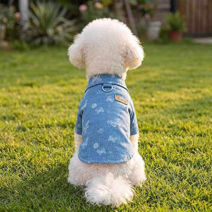Unisex Pet Denim Shirt for Cats & Small Dogs, Soft Washed Denim, Collared Button Down with Back D-Ring, Breathable Cotton, Spring/Summer/Fall (Small, Shirt-Light Blue with Butterfly)