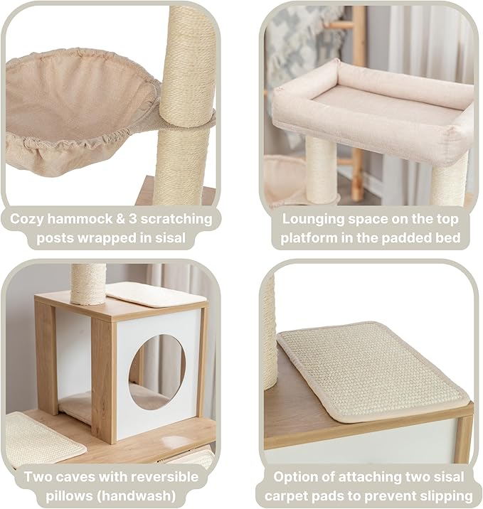 Trixie Addison Cat Tree – Indoor Cat Furniture with Sisal Scratching Posts, Condos, Hammock & Cozy Bed – Cat Tower for Scratching & Climbing – Beige, 15.7" x 27.2" x 35.4"