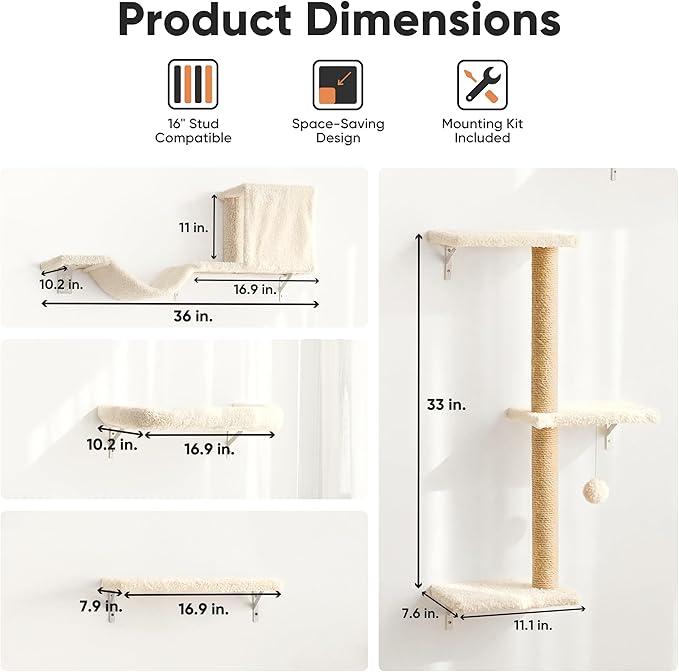 FUKUMARU Cat Wall Shelves, Stable & Safe 5 in 1 Cat Walls Furniture Set, Wooden Kitten Climbing Wall with Scratching Post for 16 Inch Drywall - Beige
