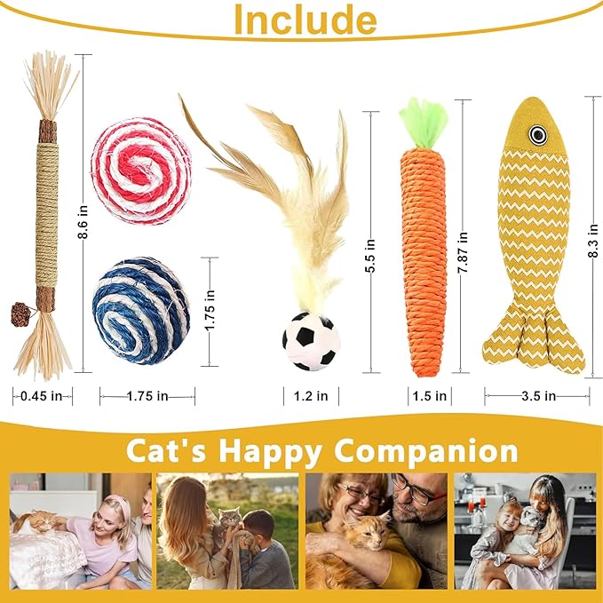 6 in 1 Cat Toys Set with Sisal Rope, Interactive Feather Ball for Indoor Cats, Catnip Carrot & Fish with 2 Balls, Natural Kitten Teething Chew Toy for Self Play, Exercise