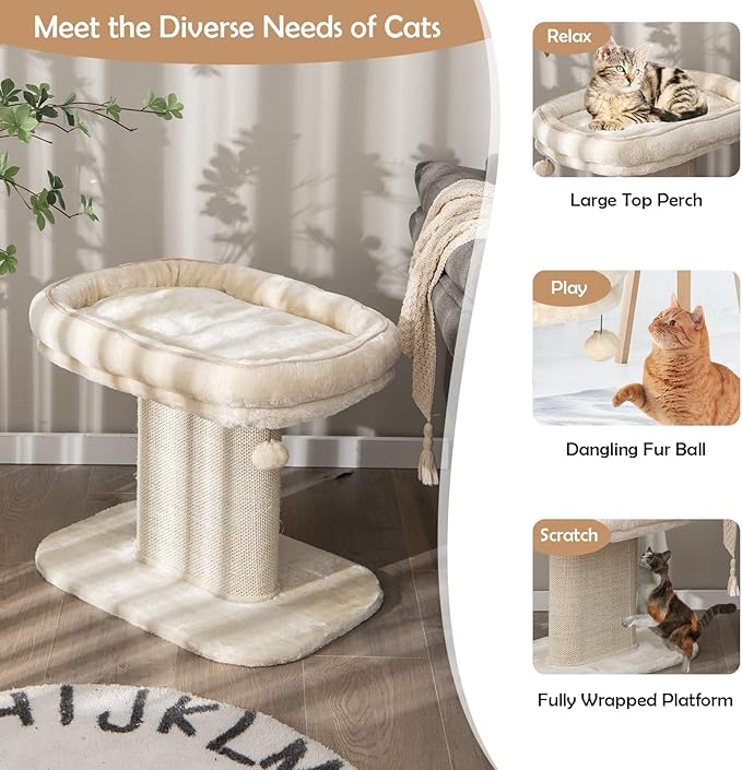 PETSITE 19.5-inch Small Cat Tree, 2-Tier Minimalist Cat Tree with Sisal Scratching Post, Extra Large Comfy Top Perch, and Dangling Ball, Ideal for Indoor Cats, Supports up to 44 lbs, Beige