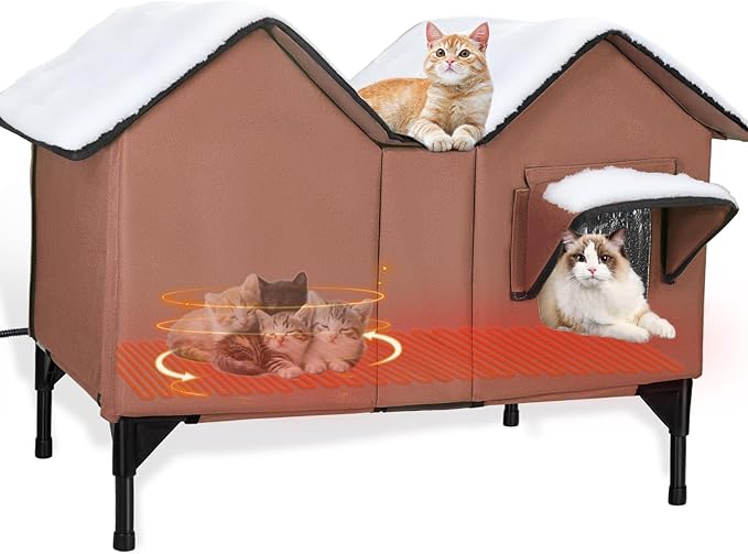 Heated Outdoor Cat House Weatherproof for Winter - Extra Large Heated Cat House for Outside Waterproof, Elevated Base, Escape Door, Insulated Outdoor Cat Shelter for Multiple Cats Feral Stray Kitty