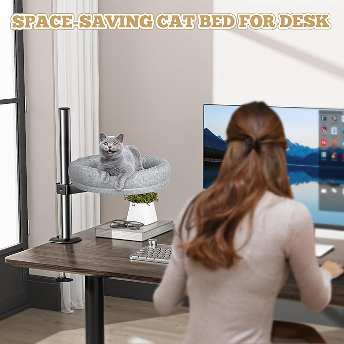 Cuipingoo Cat Desk Bed - 360° Rotating & Adjustable, Supports 40 lbs, Soft Faux Fur with Dual-Sided Reversible Mat, Modern Indoor Cat Nest Furniture for Office Desks and Game Tables, Island Table