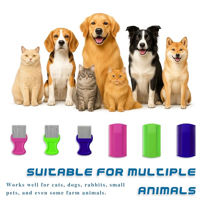 6-Piece Flea & Lice Comb Set for Pets, Double-Sided Grooming Combs for Cats, Dogs & Small Animals