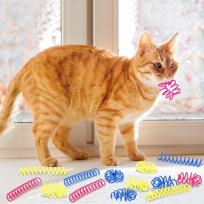 60 Pieces Thin Colorful Springs Cat Spiral Interactive Toys Kitten Cat Stuff Plastic Springs Toys, for Swatting Hunting Chasing to Keep Fit Active, Blue Yellow Pink, 3 Inch