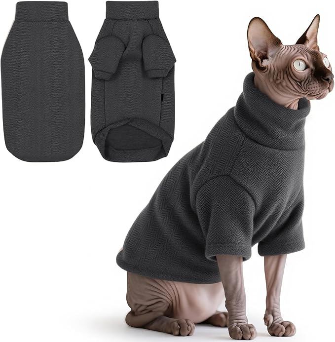 Idepet Sphynx Cat Warm Turtleneck Sweater Hairless Cats Shirt Pullover Kitten T-Shirts Thick Soft Fleece Clothes Cute Outfit Coat Pajamas for Cats and Puppy (Dark Gray, X-Large)