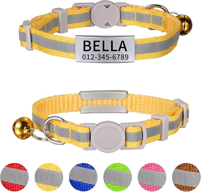 LaReine Reflective Cat Collars Breakaway with Bell and ID Tag - with Personalization Options (7"-10" Neck, Reflective-Yellow)