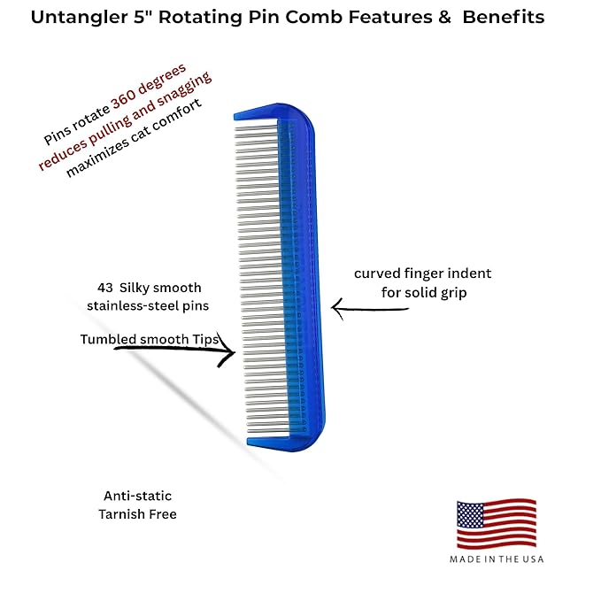 Cat Comb with Silky Smooth Rotating Teeth - Clears Mats Gently (5" Ultra Fine, 7" Dual-Spaced) (Blue, 5" Ultra Fine)