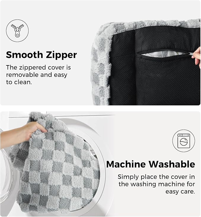 Made4Pets Cat and Dog Indoor Couch Bed, Soft Faux Fur Checkered Pet Sofa, Cozy Fluffy Pet Sofa with Supportive Foam, Removable Washable Cover with Non-Slip Base, Grey, Medium