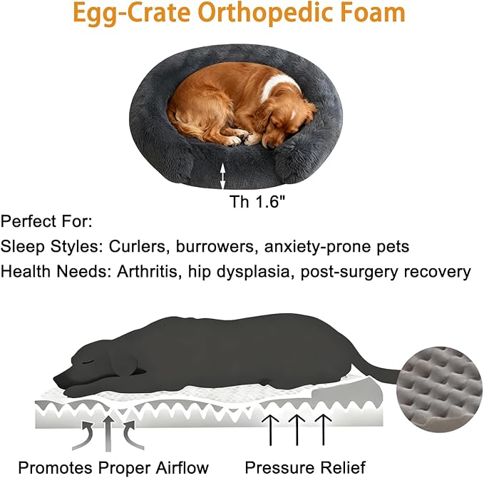 Calming Dog & Cat Beds with Orthopedic Egg-Crate Foam Raised Rim, Soft Fluffy Faux Fur Pet Bed for Small Medium Dogs, Anxiety Relief Spine Support, Machine Washable (Round, Dark Grey 23")