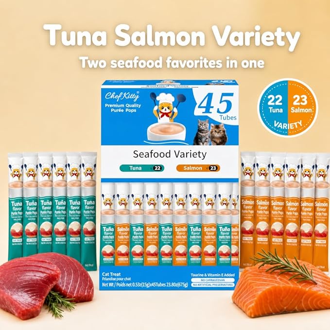 Cat Treats Lickable | Grain-Free Tuna & Salmon Cat Treats | Creamy Puree Squeeze Ups with Vitamin E & Taurine, Digestible Formula | 0.5 oz. Each Tube, Seafood Mix Variety | 45 Tubes