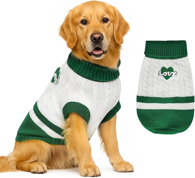 Dog Sweater Knitted for Small to Large Dogs Boy Girl, Classic Turtleneck Dog Christmas Sweaters, Warm & Soft Pet Clothes for Winter (Love Green, 2XL)