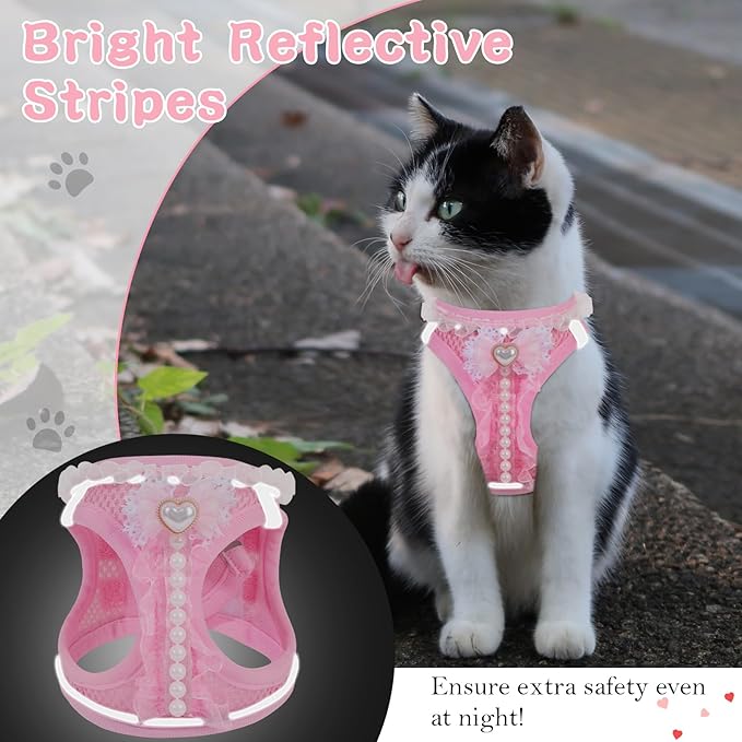 Cat Harness and Leash Set,Escape Proof Adjustable Kitten Harness with Cute Pink Bow,Breathable Reflective Strips Harness for Kitty Puppy Bunny for Walk Travel and Indoor Use (Pink XS)