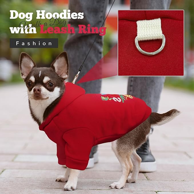 ABRRLO Small Dog Hoodie Clothes Red Christmas Dog Outfit Warm Fleece Dogs Sweater for Small Dogs Cat Boy Girl Cute Puppy Sweatshirt with Leash D Ring Xmas Doggy Costume Chihuahua Yorkie Shihtzu(Red,L)