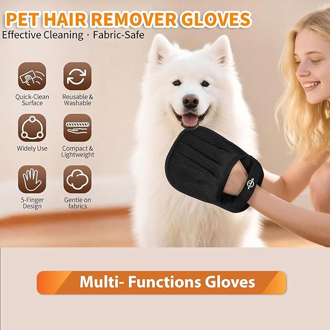 Pet Hair Removal Glove for Cats & Dogs – 2-in-1 Electrostatic 5-Finger Fur & Lint Remover with TPR Scraper, Reusable Magic Brush for Couch, Carpet, Furniture, Clothing & Car Seats