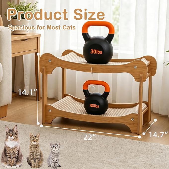 Two-Tier Sisal Cat Scratcher Bed, Solid Cats Scratching Post Hammock Lounge for Indoor Cats, Comfortable Cat Bed Natural Sisal Scratch Pad for Cats Scratcher Lounge, Sturdy Wooden Cat Furniture