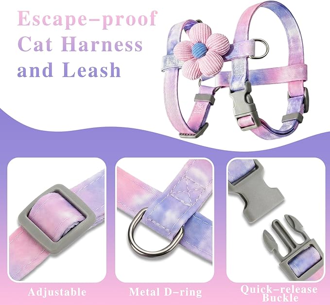 Tensho Cat Harness and Leash Set – Escape Proof Adjustable Cat Harness with Flowers, Comfortable Soft, Lightweight Safe, Easy to Wear Walking & Travel Harness(Purple S)