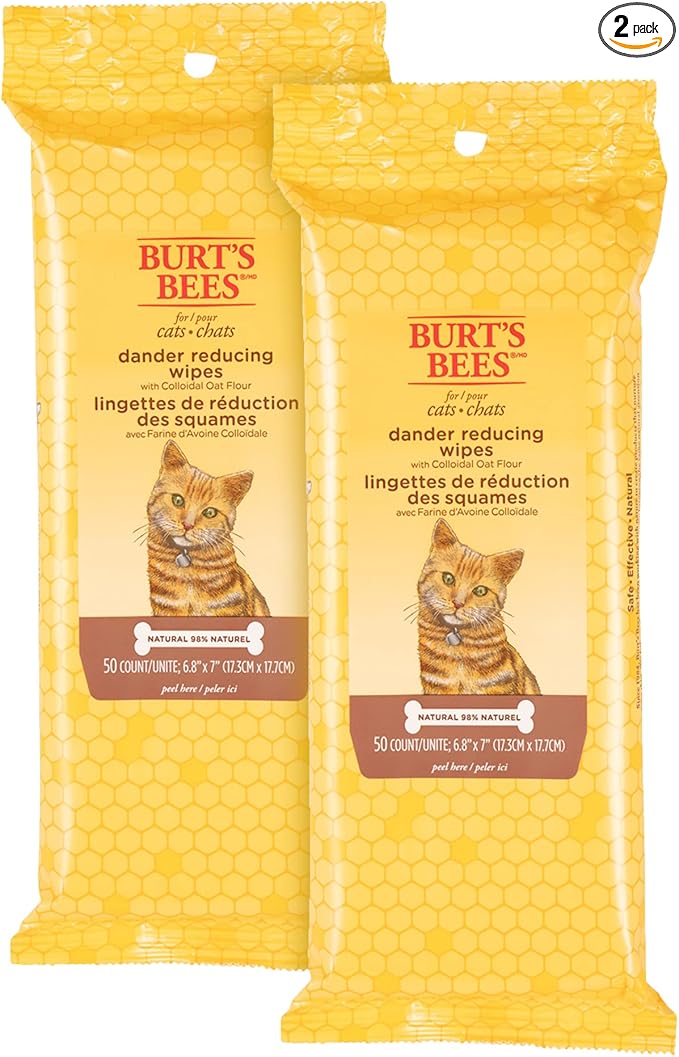 BURT'S BEES FOR PETS Cat Dander Remover Wipes, Colloidal Oat Flour and Aloe to Soothe Dry Skin and Reduce Flaking, Unscented Grooming Cloths for Cats and Kittens, 50 Count - 2 Pack