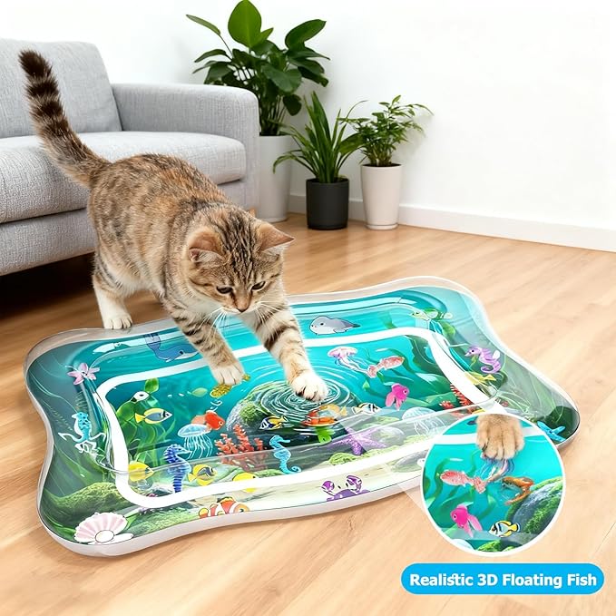 Interactive Cat Toy for indoor Cats, Upgraded Cat Water Mat with Fish, Thickened 0.7mm Cooling & Heating Water Bed Pad, Enrichment Stimulating Water Sensory Play Mat for Bored Adult Kitten Cats