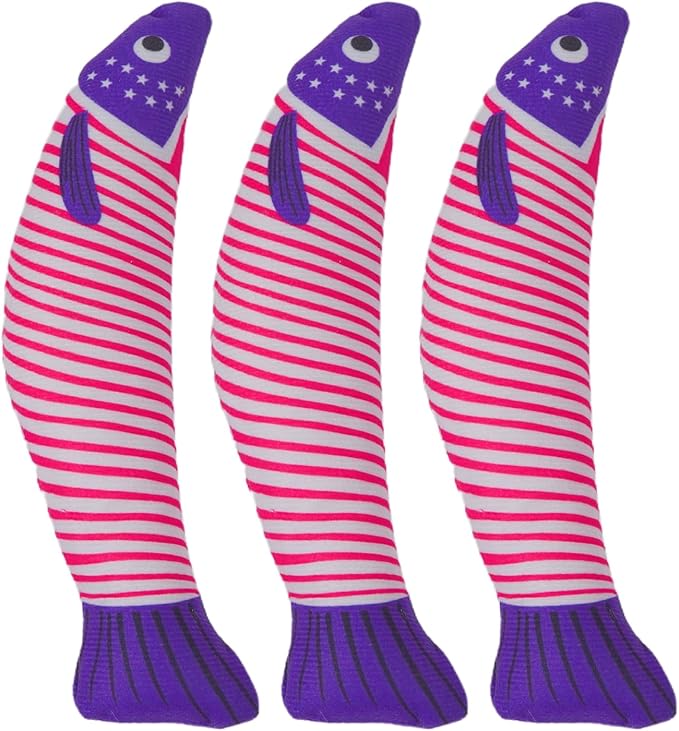 Catnip Fish Toys – Stars and Stripes Plush Cat Toys for Indoor Cats, Independence Day Themed Kicker Toy for Cats and Kittens, 4th of July Cat Gifts, 3-Pack