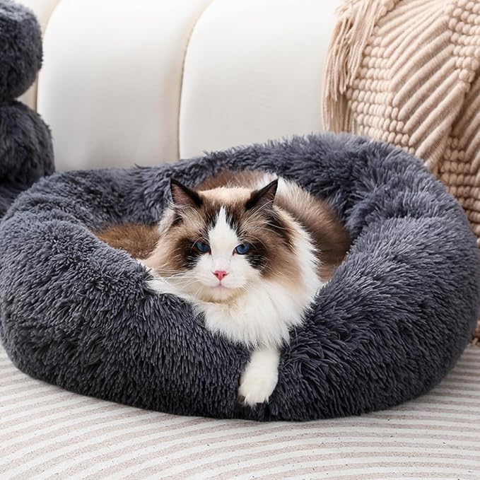 Calming Cat Bed for Indoor Cats Kittens, Small Dog Bed for Puppies Rabbits, Machine Washable Non-Slip Donut Pet Sofa, Plush Dark Gray Cama para Gatos, Up to 6.6lbs