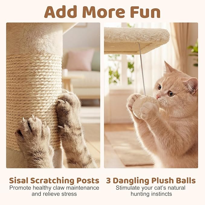 DORTALA Cat Tree for Indoor Cats, 66" Tall Cat Tower with 2 Condos, Sisal Scratching Posts, Plush Perch, Hammock, Dangling Balls, Multi-Level Pet Climbing Furniture Activity Center (Beige)