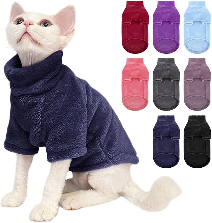 Turtleneck Sweater Coat for Cat, Sphynx Clothes Pajamas for Cats Only, Kitten Fleece Pullover Sweaters with Sleeves, Pet Warm Jumpsuit Sweatshirt for Cold Weather, Navy Blue L